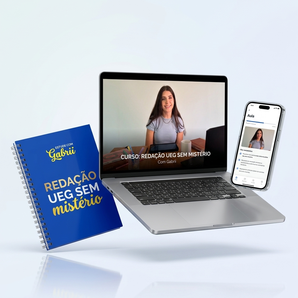Mockup do curso Redação UEG Sem Mistério em dispositivos digitais e caderno de exercícios